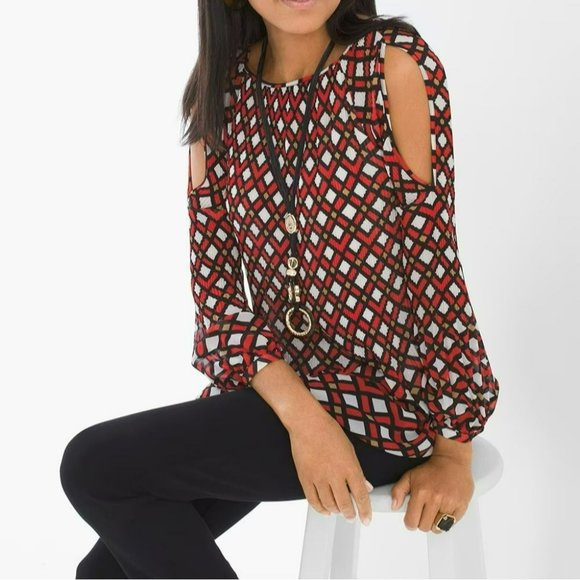 Chicos Top Geometric Patterned Cold Shoulder 1 M 8 Red Black Sheer Raglan Sleeve - Picture 16 of 16